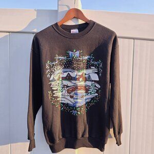 Vintage Black Snowy Holiday Cabin Sweatshirt | Hanes ComfortBlend | Size Medium